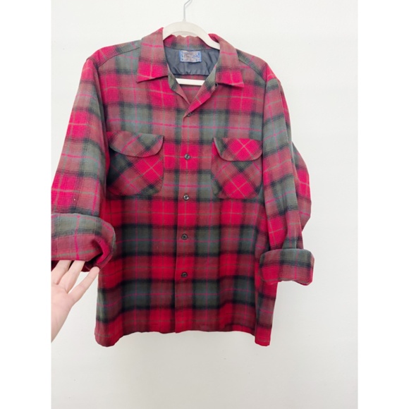 Pendleton Vintage 1960's Wool Plaid Shadow Board Shirt Red Green M - Picture 6 of 6